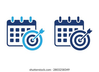 A professional blue icon set featuring a calendar with a target and arrow to symbolize project planning scheduling and hitting business targets
