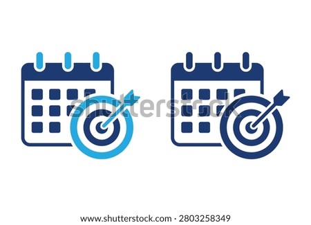 A professional blue icon set featuring a calendar with a target and arrow to symbolize project planning scheduling and hitting business targets