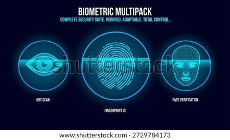 A professional blue security suite featuring three circular biometric scanners for eye, thumbprint, and facial recognition. This high-tech visual communicates total control, verified identity, and adaptable digital safety for modern enterprise deals.