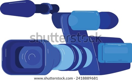 Professional blue video camera. Digital camcorder equipment for filming. Broadcasting technology vector illustration.