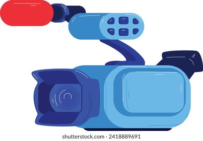 Cámara de vídeo azul profesional con micrófono rojo. Equipo digital moderno para filmación, transmisión de noticias e ilustración vectorial.