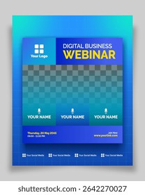 Professional blue webinar flyer with digital grid texture and high contrast. Perfect for tech events, business talks, and social promotions.