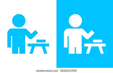 Professional blue and white vector icon set featuring a person standing next to a table with an object, representing interaction, service, or placement in a clean, modern graphic design style.