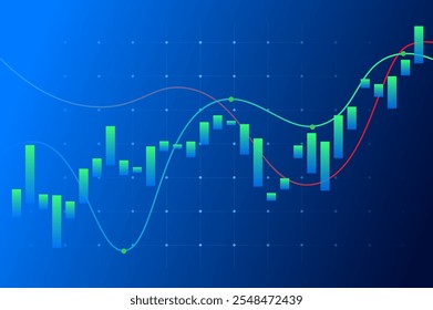 Professional blue-themed design featuring candlestick charts and trend lines, illustrating stock market data and financial analytics. Concept of economics, financial analytics, business