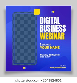 Professional blue-themed flyer for corporate webinars, tech events, LinkedIn posts, and virtual conference promotions.