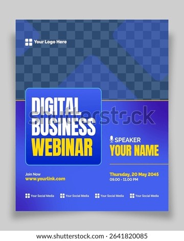 Professional blue-themed flyer for corporate webinars, tech events, LinkedIn posts, and virtual conference promotions.