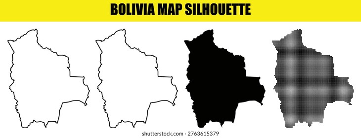 Professional bolivia map vector graphics bundle. includes diverse versions like solid black silhouette stroke outline and dotted mesh. ideal for south america travel and educational layout.
