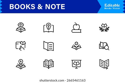 Conjunto de ícones de linha de livros profissionais com design mínimo moderno Nota exclusiva e coleção de símbolos de leitura para projetos criativos