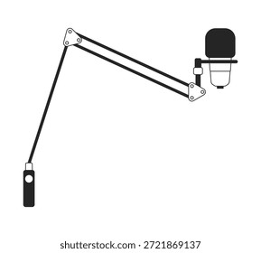 Professional boom arm microphone setup 2D line object. Streaming, recording, podcasting equipment. Audio gear with desk mount isolated clipart vector ink outline item. Monochrome spot illustration