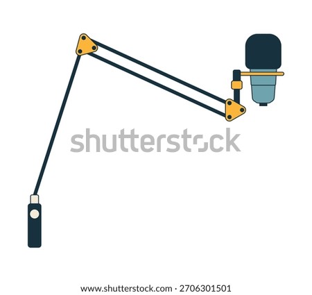 Professional boom arm microphone setup 2D cartoon object. Streaming, recording, podcasting equipment. Audio gear with desk mount isolated element flat vector clip art on white. Spot illustration