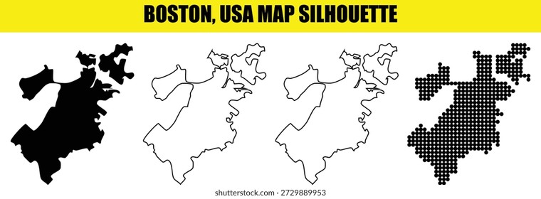 Coleção profissional de mapas da cidade de Boston destacando fronteiras costeiras únicas, formas de território geográfico em diversos estilos, ativos gráficos vetoriais para a marca local de Massachusetts.