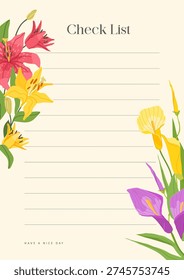 Professional botanical checklist planner template featuring elegant pink lily and yellow calla flower illustrations in a clean flat vector style for home organization.