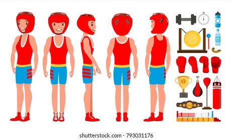 Professional Boxer Boxing Vector. Boxer Champion On Arena. Different Poses. Isolated Flat Cartoon Character Illustration