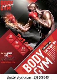 Professional boxer with fire punch for gym class poster in 3d illustration