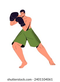 Professional boxer standing in boxing stance. Strong athlete training punches. Box sportsman in sport gloves do exercises. Muscular man hitting. Flat isolated vector illustration on white background