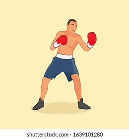 Professional boxer training. Boxing champion. Throwing punch. Isolated boxer. Strong and muscular man. Boxing pose. Cartoon graphic art - Flat vector character illustration.