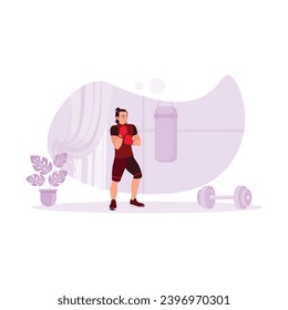 Entrenamiento boxeador profesional en una moderna sala de fitness. Atletas musculares con guantes de boxeo golpearon el blanco precisamente. El concepto de deportista. Ilustración plana vectorial moderna de tendencia
