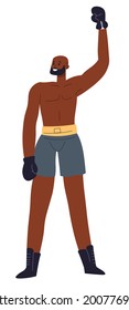 Professional boxer wearing protective gloves winning fight. Isolated muscular boxing guy in championship, victory in sportive event or challenge for athletes. Vector in flat style illustration