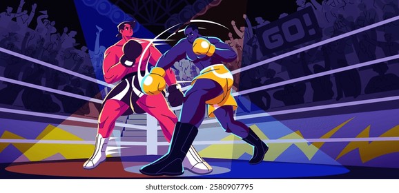 Professional boxers are fight in the ring. Sportsmen in box gloves hits with hand, punch competitor. Athletes boxing in sparring, strong fighters kickboxing in competition. Flat vector illustration