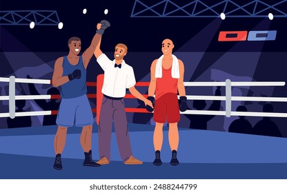 Professional boxers. Referee announces winner in ring. Results of fight sparring. Combat sport. Athletes in uniform. Kickboxers tournament. Championship stadium. Garish