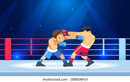 Professional Boxing among boys on ring. Teen boxing, kickboxing children on arena. Kids fight with these adult emotions. Concept of sports and healthy lifestyle. Cartoon vector illustration.