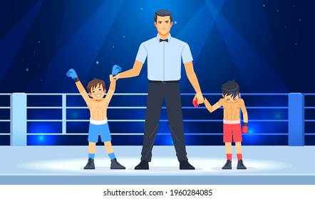 Professional Boxing champ with two boys boxers on ringside and referee lifting winner hand. Winner and a loser. Concept of sports and healthy lifestyle. Cartoon vector illustration.