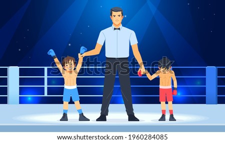 Professional Boxing champ with two boys boxers on ringside and referee lifting winner hand. Winner and a loser. Concept of sports and healthy lifestyle. Cartoon vector illustration.
