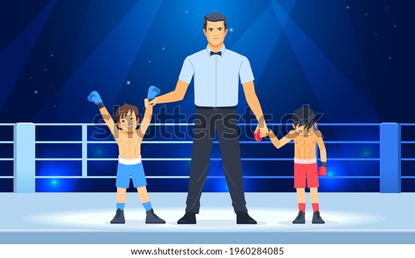 Professional\
Boxing champ with two boys boxers on ringside and referee lifting\
winner hand. Winner and a loser. Concept of sports and healthy\
lifestyle. Cartoon vector\
illustration.