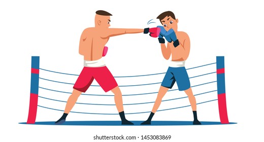 Professional boxing flat vector illustration. Young fighters, opponents in gloves and shorts cartoon characters. Strong athletes in sportswear competition. Single combat, championship match