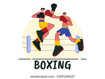 Professional Boxing Sport Vector Illustration Featuring a Boxer Wearing Red Gloves and a Helmet with Scenes of Competing, Sparring, or Practicing