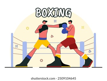Ilustração profissional do vetor do esporte do boxe com um boxer usando luvas vermelhas e um capacete com cenas de competição, sparring, ou prática