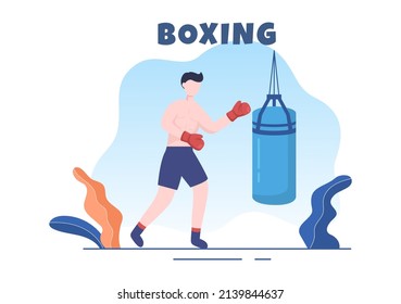 Professionelles Boxen Sport Tragen von Boxer, Ring, Gürtel, Stanzhacken, Roten Handschuhen und Helm beim Wettkämpfen, Sparen oder Üben in der Illustration von Flachkarton