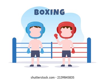 Professionelles Boxen Sport Tragen von Boxer, Ring, Gürtel, Stanzhacken, Roten Handschuhen und Helm beim Wettkämpfen, Sparen oder Üben in der Illustration von Flachkarton