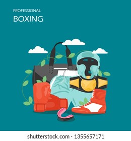 Professional boxing vector flat style design illustration. Helmet, shorts, shoe, gloves, belt, sports bag and mouthguard. Boxing equipment, uniform and accessories for web banner, website page etc.