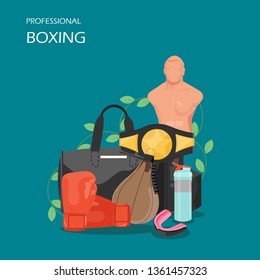 Professional Boxing Vector Flat Style Design Illustration. Punching Bag, Gloves, Belt, Sports Bag, Water Bottle, Dummy, Mouthguard. Boxing Equipment And Accessories For Web Banner, Website Page Etc.