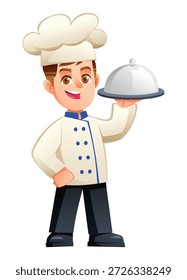 Personagem de chef menino profissional segurando uma bandeja de comida de restauração. Ilustração de desenho animado vetorial