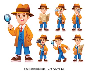 Professional boy detective character with magnifying glass, binoculars and camera. Vector cartoon illustration