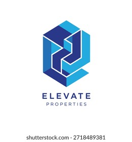 Identidade de marca profissional com formas azuis interligadas em layout hexágono para negócios imobiliários modernos
