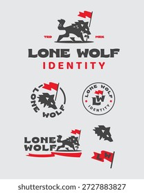 Professional brand identity set featuring a lone wolf holding a red flag. This versatile logo bundle includes various layouts: mascot, circular badge, horizontal version, and icon marks. Perfect for outdoor brands, apparel streetwear, survivalist communities, sports teams, tactical gear, or creative startups looking for a strong, independent, and rugged visual identity.