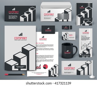 Professional  branding design kit  with graphs for investment, financial corp. Gray, white, red, black colors. Premium corporate identity template. Business stationery mock-up with logo.