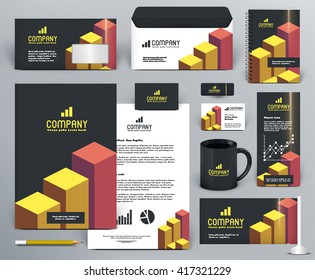 Professional  branding design kit  with graphs for investment, financial corp. Gold, yellow, orange, red, black colors. Premium corporate identity template. Business stationery mock-up with logo.