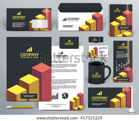 Professional  branding design kit  with graphs for investment, financial corp. Gold, yellow, orange, red, black colors. Premium corporate identity template. Business stationery mock-up with logo.