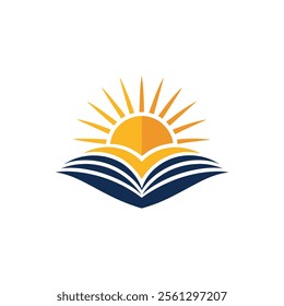 A professional branding logo with a rising sun behind an open book, framed in a geometric star design.