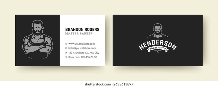 Professional branding template for barbershop services. Includes business card and logo design. Ideal for personal and corporate use. Vector illustration