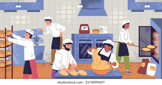 Professional bread bakers. Bakery workers at oven making pastries product, baking food manufacturing equipment cook chef uniform baker job profession, classy vector illustration original artwork