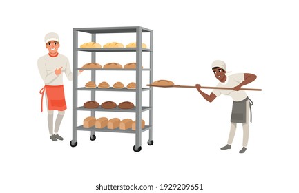 Professional Bread Bakers Set, Bakehouse Worker Carrying Freshly Baked Bread on Wooden Shovel Cartoon Vector Illustration