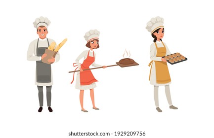 Professional Bread Bakers Set, Bakehouse Workers Holding Freshly Baked Bread and Baguette Cartoon Vector Illustration