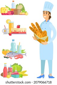 Professional bread maker holding fresh baguettes and loaves. Bakehouse worker with hot bakery. Woman stands with basket of bread next to various pastries, desserts, cakes vector illustration