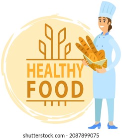 Professioneller Brotproduzent, der frische Baguettes und Laibe hält. Bakehousarbeiter mit heißem Gebäck. Frau steht mit Korb Brot, Bäckerei. Kochen gesunder Lebensmittel aus natürlichen Zutaten Konzept