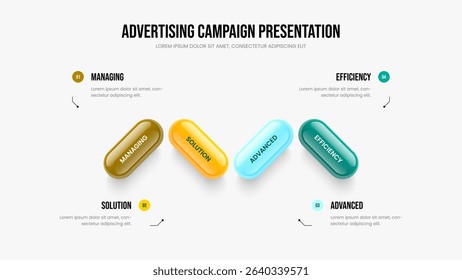 Professional Briefing 4 Step Diagram Slideshow Design. Visual Planning Four Option Infographic Frame Template. Product Profile Slide Layout Vector Illustration.
